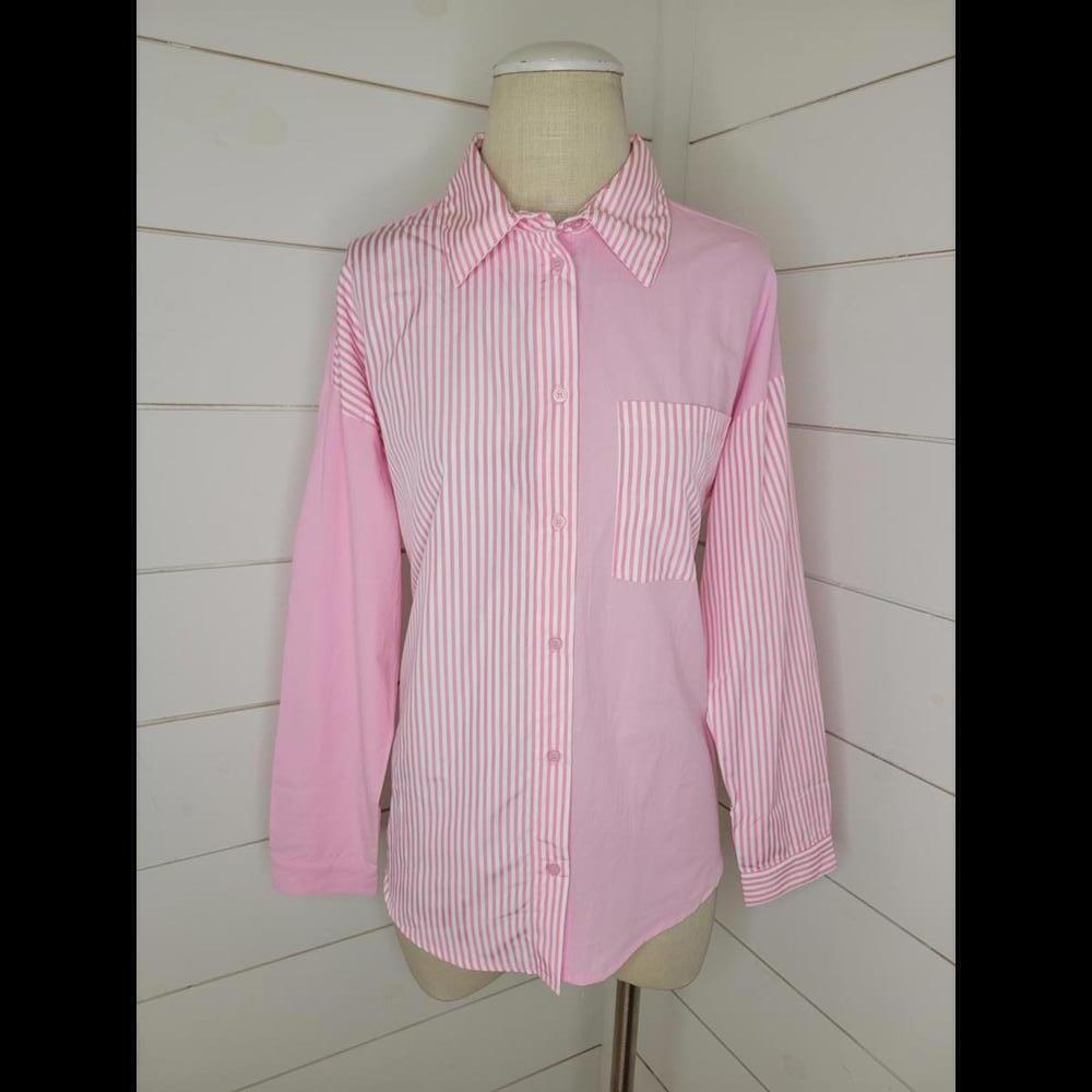 NWOT First Love by Lovelyn pink and white colorblock button down shirt